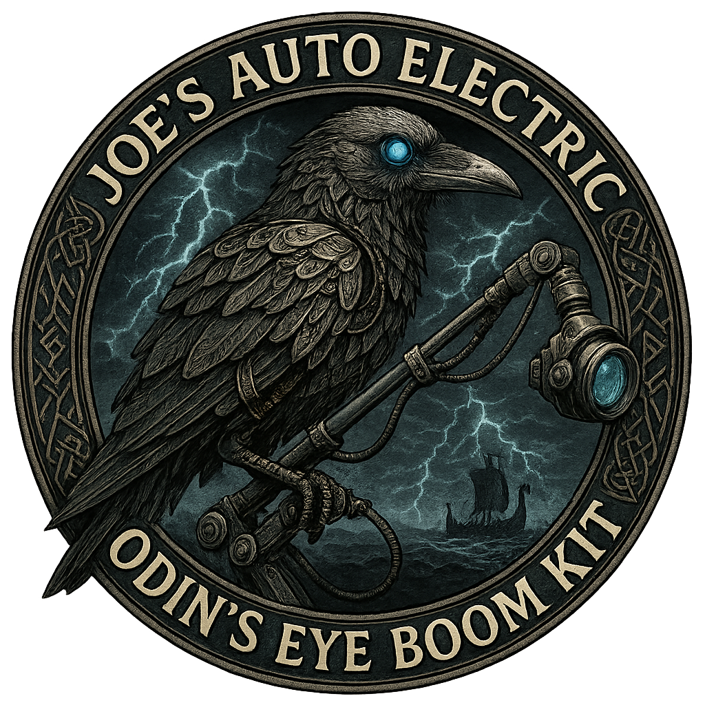 Engraved Norse raven crest with lightning and a longship